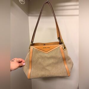 Michael Kors Beige Canvas Shoulder Bag with Tan Leather Trim